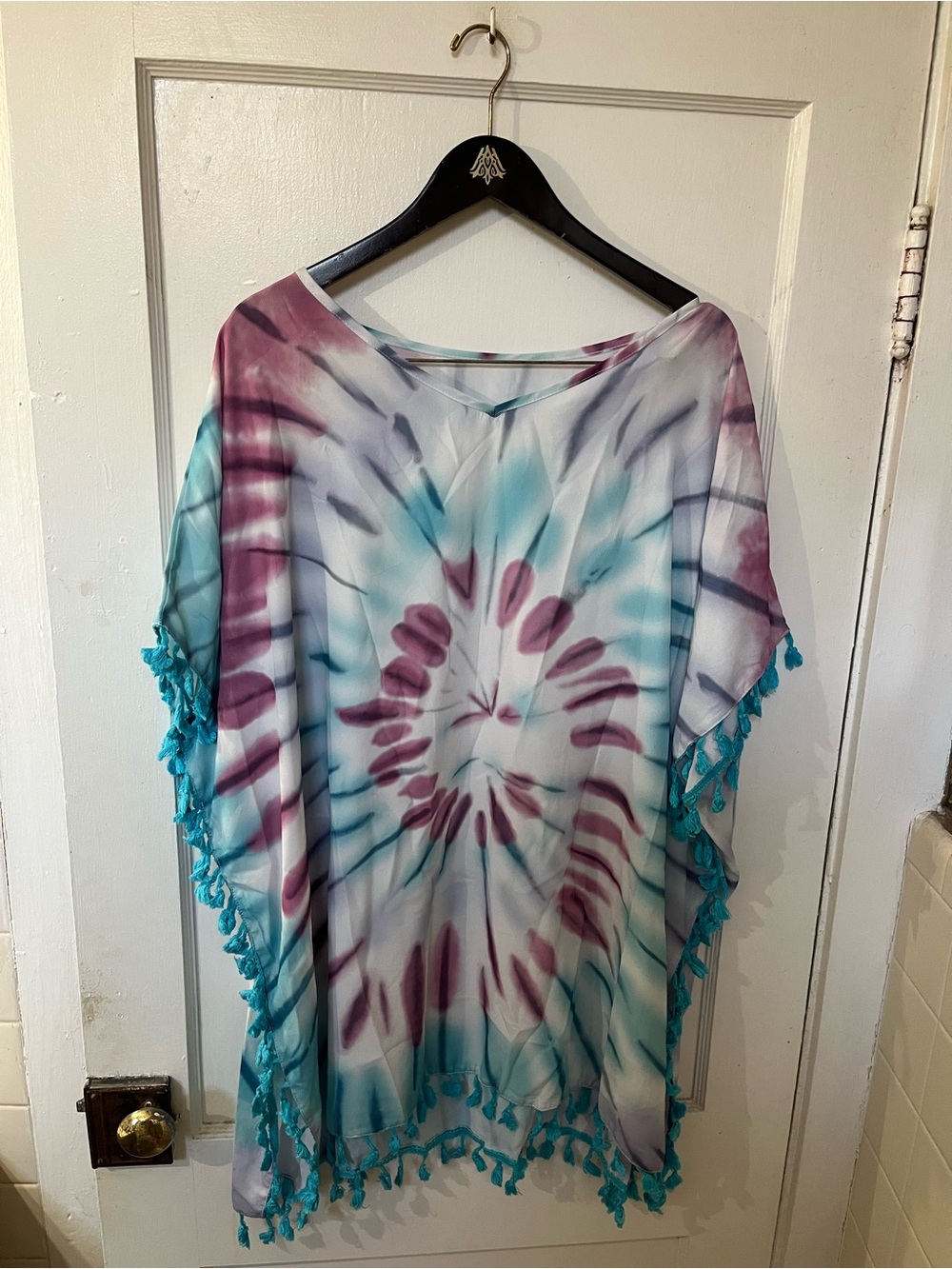 Women's XXL Tie Dye Kaftan Swim Cover Up Boho Tassel Fringe Tunic EUC